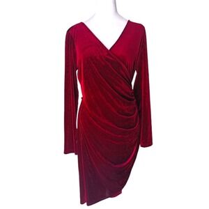 GUBERRY Velvet Wrap Dress Womens L Burgundy Ruched V-Neck Long Sleeve Cocktail